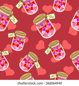 seamless pattern of colored hearts in a glass jar