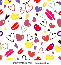 Seamless pattern. Colored hearts and lips. Drawing in flat style. Transparent background. Vector 