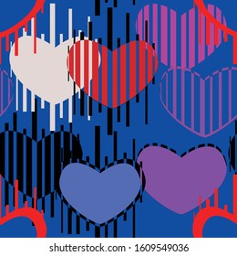 Seamless pattern of colored hearts and strips on a blue background