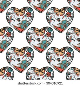 Seamless pattern with colored hearts in the style of doodle.