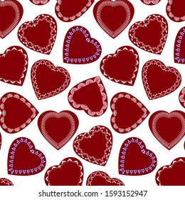 Seamless pattern with colored hearts.Colored hearts with decor in a seamless pattern.