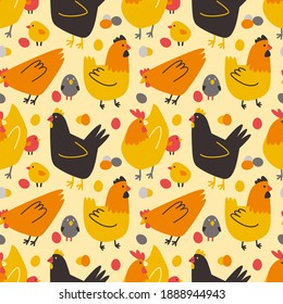 Seamless pattern with colored hens, chickens and chicken eggs. Vector doodle illustration for spring background, wrapping paper, wallpaper, Easter