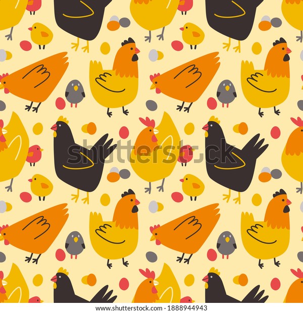 Seamless pattern with colored hens, chickens and\
chicken eggs. Vector doodle illustration for spring background,\
wrapping paper, wallpaper,\
Easter