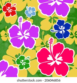 Seamless pattern with colored Hibiscus flowers on green background, vector illustration