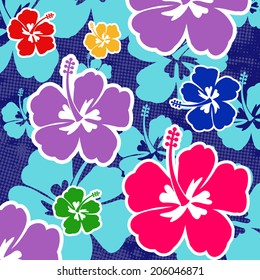 Seamless pattern with colored Hibiscus flowers on blue background, vector illustration