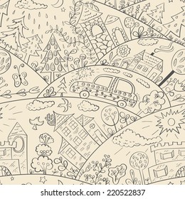 Seamless pattern with colored houses, car and trees. Vector illustration