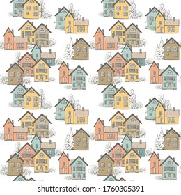 Seamless pattern with colored houses and tree on white background. Pastel gamma. Endless texture with norway cityscape in northern scandinavia style for concept design.