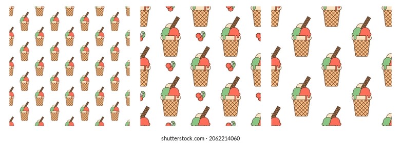 Seamless pattern with colored ice cream balls in waffle cup and berries on a white background. Vector illustration