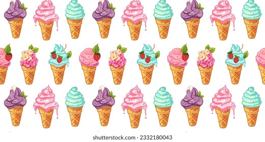 Patrón sin foco con cremas de hielo de color, ilustración vectorial