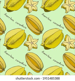 Seamless pattern with the colored  images of averrhoa carambola. Background for your design. Doodle style
