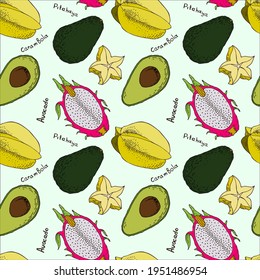 Seamless pattern with the colored  images of carambola, avocado and pitahaya. Background for your design. Doodle style