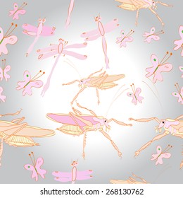 Seamless pattern of colored insects, butterflies, grasshoppers, dragonflies. Hand drawn.