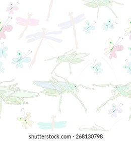 Seamless pattern of colored insects, butterflies, grasshoppers, dragonflies. Hand drawn.