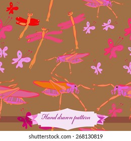 Seamless pattern of colored insects, butterflies, grasshoppers, dragonflies, label. Hand drawn.