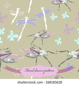 Seamless pattern of colored insects, butterflies, grasshoppers, dragonflies, label. Hand drawn.