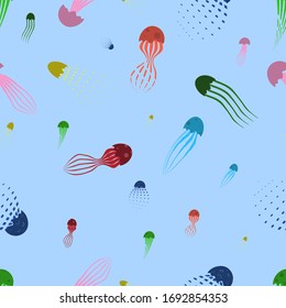 Seamless pattern of colored jellyfish, sea inhabitants. Vector on a blue background