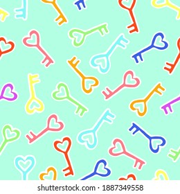 
Seamless pattern with colored keys, vector illustration in doodle style, hand draw, print for valentines day, wallpaper and packaging.