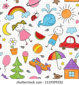 seamless pattern with colored kids drawings - vector illustration, eps