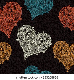 Seamless pattern with colored lace hearts - vector