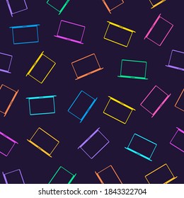 seamless pattern of colored laptop icons in glyph design style isolated on purple background. modern colorful wallpaper with notebooks for decoration. stock vector Illustration