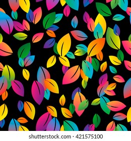 seamless pattern with colored leaves. Bright leaves on a black background