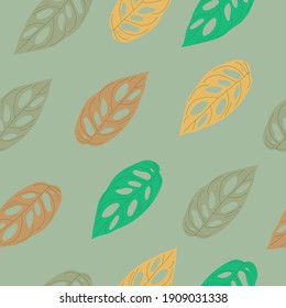 Nahtloses Muster der farbigen Blätter auf pastellgrünem Hintergrund. Vorlage für den Druck auf Textilien, Gewebe, Betten, Umhüllungspapier, Tapeten. Vektorgrafik.