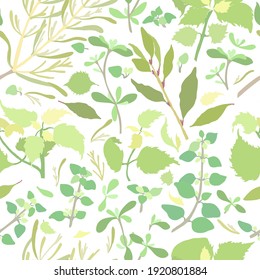 Seamless Pattern with Colored Leaves and Twigs of Culinary Herbs. Pastel Isolated Parts of Thyme, Oregano, Shiso, Rosemary and Laurel. Ideal for Magazine, Recipe book, Poster, Cards, Menu cover etc.