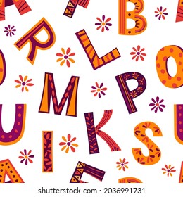 seamless pattern: colored letters of the alphabet with patterns and decorations, artistic lettering