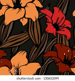 Seamless pattern with colored lilies on a dark background - vector