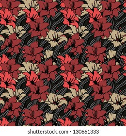Seamless pattern with colored lilies on a dark background - vector