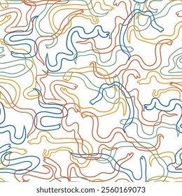 seamless pattern with colored line snakes in hand drawn style in vector. Element for fabric print background wrapping banner textile packaging wallpaper