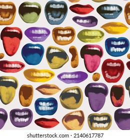 Seamless pattern with colored lips that smile and show tongue and white teeth. Bright vector background with laughing, surprised, excited, angry, singing, screaming human mouths on a light backdrop