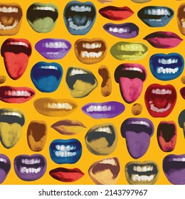 Seamless pattern with colored lips that smile and show tongue and white teeth. Bright vector background with laughing, excited, surprised, angry, singing, screaming human mouths on a yellow backdrop