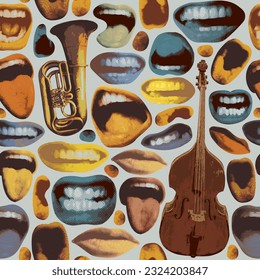 Seamless pattern with colored lips that smile and show tongue and white teeth and double bass with trumpet. Bright vector background with laughing, surprised, excited, angry, singing