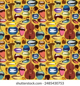 Seamless pattern with colored lips that smile and show tongue and white teeth and double bass with trumpet. Bright vector background with laughing, surprised, excited, angry, singing