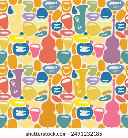 Patrón sin costuras con labios de colores que sonríen y muestran la lengua y los dientes blancos y el bajo doble con trompeta. Fondo de Vector brillante con risas, sorprendidos, emocionados, enojados, cantando