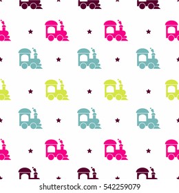 Seamless pattern with colored locomotives and stars on white background. Childish background for postcards, wallpaper, papers, textiles.