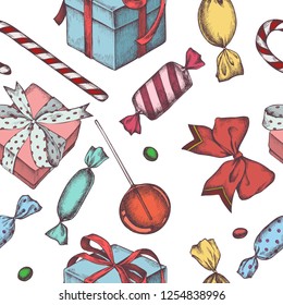 Seamless pattern with colored lollipop, bow, candies, gift boxes