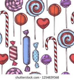 Seamless pattern with colored lollipop, candies hand drawn illustration