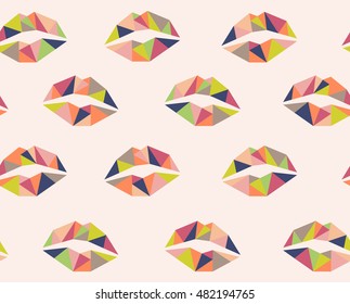 Seamless pattern with colored low-poly styled lips. Background in vector.