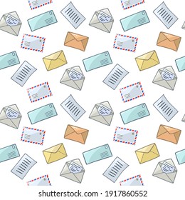 Seamless pattern with colored Mail envelopes. Mail and post office. For printing wrapping paper, wallpaper, packaging, fabric. Hand Drawn vector illustration.
