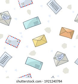 Seamless pattern with colored Mail envelopes. Mail and post office. For printing wrapping paper, wallpaper, packaging, fabric. Hand Drawn vector illustration.