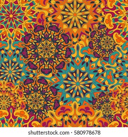 Seamless pattern with colored mandalas. Indian, Turkish, Gypsy texture