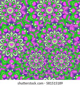 Seamless pattern with colored mandalas. Indian, Turkish, Gypsy texture