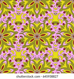 Seamless pattern with colored mandalas on white background.
