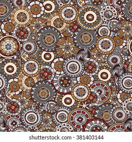 Seamless pattern of colored mandalas, vector graphics.