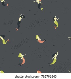 Seamless pattern with colored mermaids on a grey background