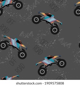 seamless pattern with colored monster trucks on gray background