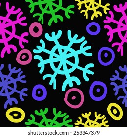 Seamless pattern of colored   motifs ,snowflakes, doodles  on a black background. Hand drawn.