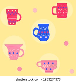 Seamless pattern with colored mugs of pink and blue color on yellow background. Vector illustration in doodle style.
